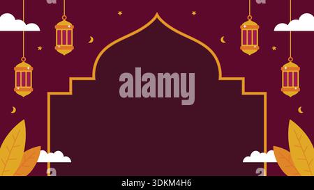 A flat Islamic background illustration featuring hanging lanterns, yellow leaves, and the silhouette of a mosque with copy space for text. Stock Vector