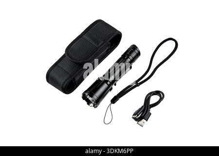 Tactical LED flashlight set including a black nylon holster, wrist lanyard, and USB charging cable isolated on white. Stock Photo