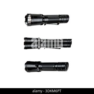 Three black tactical LED flashlights shown from different angles on a white background. Stock Photo