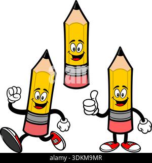 Pencil Mascot Set 01, Hand Drawn illustrations of Pencil Mascots in various poses. Stock Vector