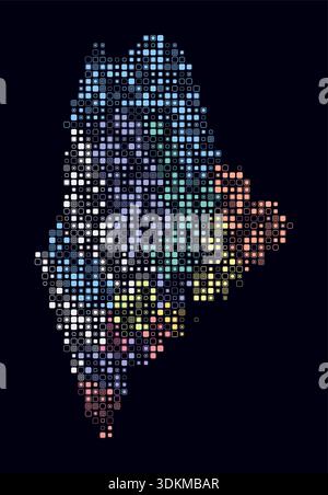 Maine, the shape of the state built of colored cells. Digital style map of Maine on a dark background. Small-sized rounded square blocks. Stock Vector