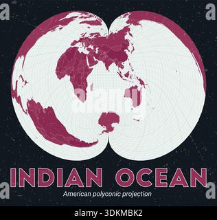 Indian Ocean world map, using an American polyconic projection centered on the Indian Ocean. Stock Vector