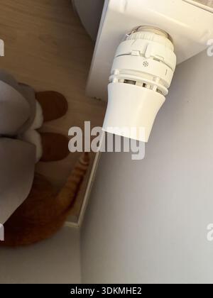 Heating thermostat head at zero position on radiator at home. Woman in home sleepers adjusting the temperature. Smart home devices, optimizing utility Stock Photo