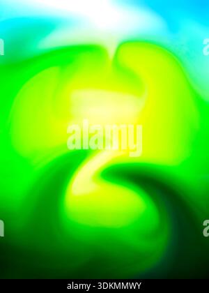 An abstract image of flowing green and yellow swirls with soft luminous  shapes against a pale blue background. Stock Photo