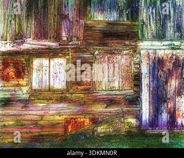 A detailed image, in a drawing style, of a colorful wooden wall of an old rustic barn with weathered paint and boarded windows. Stock Photo
