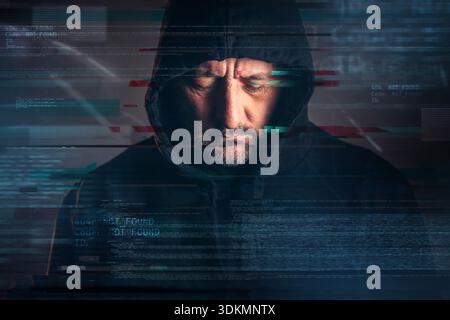 Cyber hacker portrait with glitch effect and 404 Not Found code overlay, selective focus Stock Photo