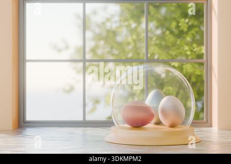 Three pastel Easter eggs in a glass dome sit on a table near a window with green spring foliage. 3d rendering Stock Photo