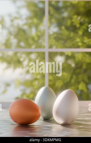 Three Easter eggs are displayed on a table by a window with green trees outside. 3d rendering Stock Photo