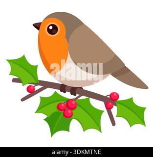 Cute cartoon robin on holly branch with leaves and berries. Christmas greeting card illustration. Simple flat vector style. Stock Vector