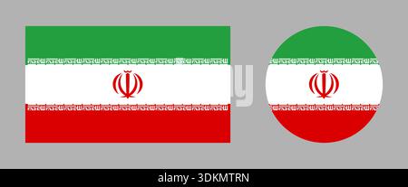 National Flag of Iran rectangle, circle icon. Iran flag round, rectangular symbol. Button, banner, badge. Set of National signs of Iran. Stock Vector