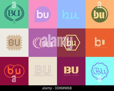 BU logo company template. Letter b and u logotype. Set different classic serif lettering and modern bold text with design elements. Initial font typog Stock Vector