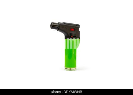 Green plastic stove lighter , jet flame lighter, isolated on white Stock Photo