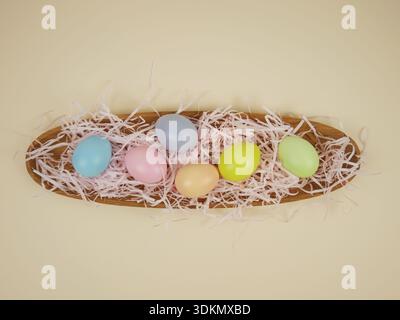 Easter holiday background. Colorful Easter eggs are displayed on a wooden platter with shredded paper Stock Photo