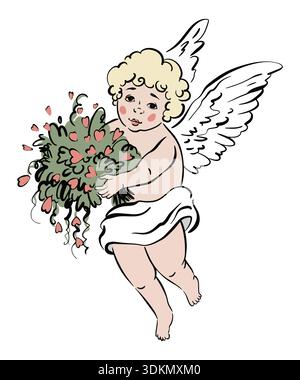 Cupid Line Art With Bouquet For Valentine Card Stock Vector