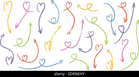 Crayon heart arrow doodle set with hand drawn marker sketches. Multicolored chalk pointer icons Stock Vector