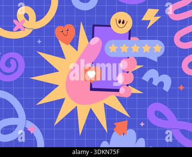 Smartphone in hand, five stars rating in text speech bubble on fun childish background. Positive 5 star customer product rating review for apps and websites. Quality, feedback concept. Vector Stock Vector
