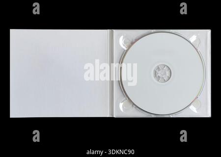 CD in white cardboard sleeve with plastic tray. Compact disc packaging template. Stock Photo