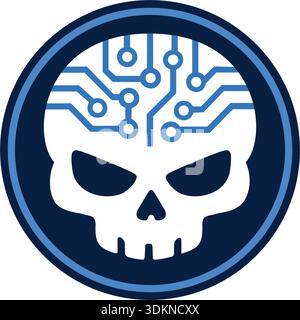 Cyber Skull Circuit Board Icon. Digital Hacker Mascot for Malware, Ransomware, and Darkweb Threats. Vector Cybersecurity Warning Symbol for Virus and Stock Vector