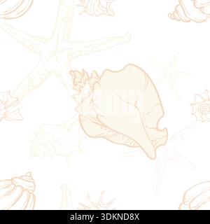 Seamless pattern with seashells and starfish. Hand-drawn marine illustration in delicate beige and white tones. Stock Vector