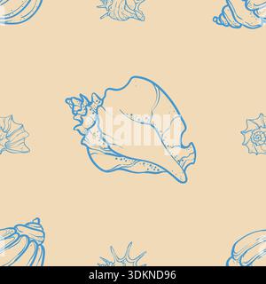 Seashells and starfish on a beige background. Stock Vector