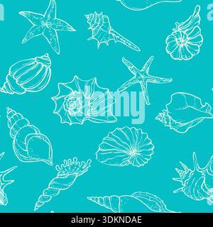 Elegant seamless pattern with marine seashells and starfish drawn in delicate blue line art Stock Vector