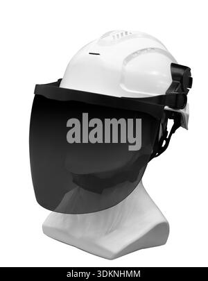 White mannequin wearing black and gray protective helmet. helmet is equipped with visor and transparent tinted face shield. Industrial safety concept. Stock Photo
