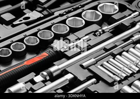 Toolbox with many different tools including pliers, wrenches, and screwdrivers. tools are organized in way that makes it easy to find what you Stock Photo