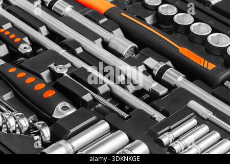 Toolbox with many different tools including pliers, wrenches, and screwdrivers. tools are organized in way that makes it easy to find what you Stock Photo