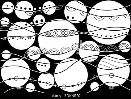 Monochrome abstract background. Black white zentangle style design. Randomly curve lines and circles. Expressive design element Stock Vector