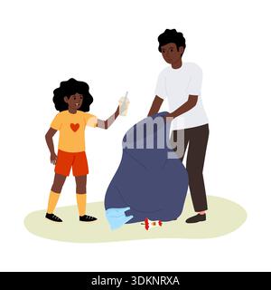 Father teaching daughter to pick up trash. Man and girl holding large bag and collecting garbage on street. Vector illustration. Stock Vector