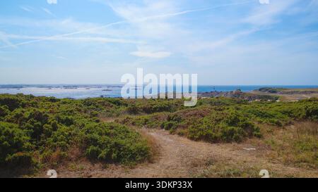 A winding path through wild Mediterranean vegetation leads toward a breathtaking panoramic sea view under a bright blue sky. Stock Photo