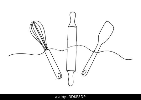 One line drawing of baking tools like rolling pin, whisk, and rubber spatula. Stock Vector