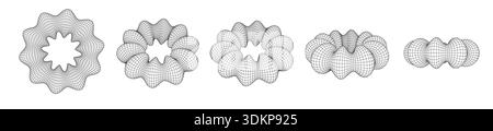 Monochrome Wireframe Grid Shape. Abstract 3D Torus Shape Stock Vector