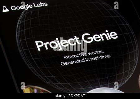 Project Genie by Google Labs displayed on smartphone screen, interactive worlds generated in real time with wireframe globe interface in close-up. Sta Stock Photo