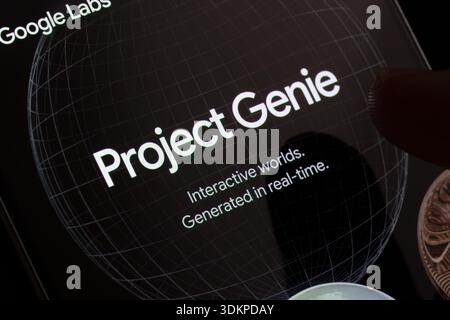 Project Genie by Google Labs displayed on smartphone screen with wireframe globe background and interactive worlds generated in real time close-up. St Stock Photo
