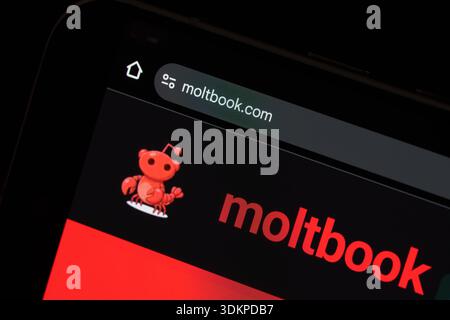 Moltbook.com AI agents social network beta homepage on smartphone screen with red mascot logo, URL address bar and dark mode interface close-up. Staff Stock Photo