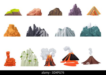 Collection of cartoon rocky mountains, cliffs, and erupting volcanoes in various shapes and colors, ideal for geology, adventure, and nature concepts, isolated on white background vector illustration Stock Vector
