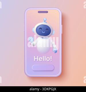 Friendly 3d chatbot character waving hello on a modern smartphone display, representing virtual assistant technology and digital communication concept vector illustration Stock Vector