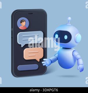 Friendly 3d robot chatbot interacting with user messages on a mobile phone, representing artificial intelligence and digital communication technology vector illustration Stock Vector