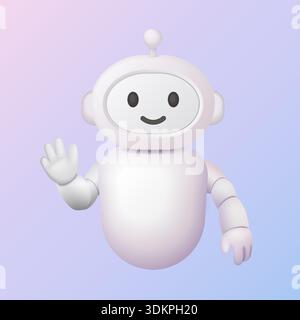 Cute 3D chatbot robot character with a smiling face and waving hand on a soft gradient background, ideal for AI, technology, and customer support themes vector illustration Stock Vector