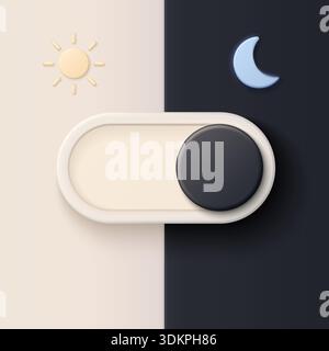 Modern 3D toggle switch showing day and night mode, with sun and moon icons, representing dark mode user interface concept vector illustration Stock Vector