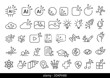 Modern generative AI icons featuring artificial intelligence, automation, music, image, chat, and creative technology concepts, ideal for digital projects and tech branding vector illustration Stock Vector