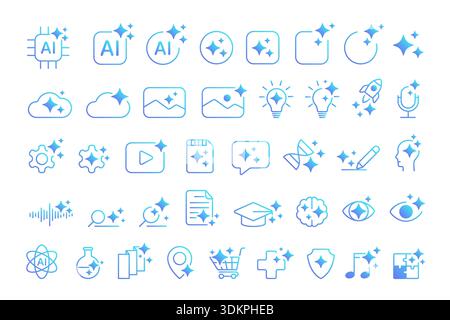 Modern generative AI icon set featuring music, image, magic, sparkle stars, and technology elements in a cold gradient style, isolated on white background vector illustration Stock Vector