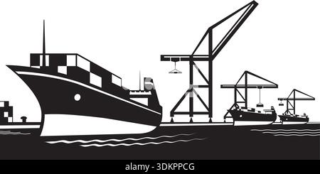 Cargo ship departs from industrial port - vector illustration Stock Vector