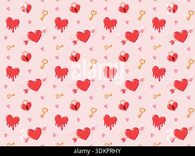 Seamless hand drawn love symbols pattern with cartoon hearts, keys and arrows. Valentines Day romantic vector background Stock Vector