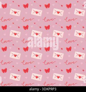 Seamless Valentines Day pattern with love lettering, arrows, bows and envelopes. Hand drawn cartoon vector background Stock Vector