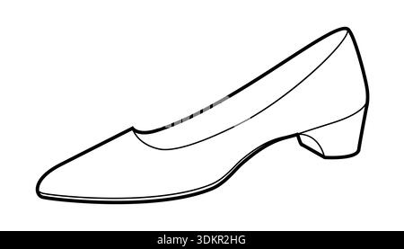 Low heel pump shoe women single sketch. Closed toe dress shoe for city walk, date, casual smart wardrobe. Technical fashion illustration, CAD mockup, clean vector men unisex isolated relaxed style. Stock Vector