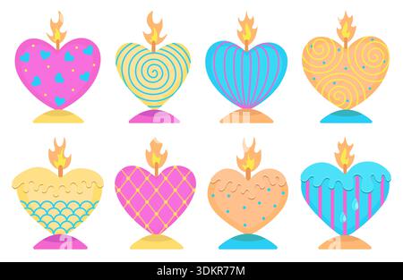 Color psychedelic heart shaped candle set, vector signs. Romantic cliparts for Valentine's Day, pictograms with whimsical abstract geometric patterns, Stock Vector