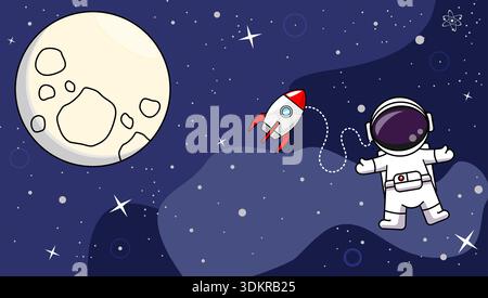 Cute cartoon astronaut floating in outer space with a rocket ship and a large moon. Whimsical vector illustration of a spacewalk in a starry galaxy Stock Vector