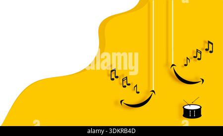 Musical notes with smile icons and drum on a vibrant yellow wavy background. Stock Vector
